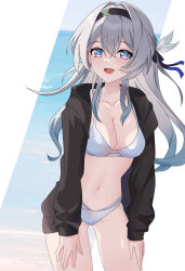  1girl :d absurdres alternate_costume arm_support bikini black_jacket breasts cleavage commentary_request firefly_(honkai:_star_rail) grey_hair hair_between_eyes hairband highres honkai:_star_rail honkai_(series) hood hooded_jacket jacket leaning_forward long_hair long_sleeves looking_at_viewer maxwelzy navel ocean open_clothes open_jacket open_mouth purple_eyes sidelocks simple_background smile solo stomach swimsuit white_bikini 