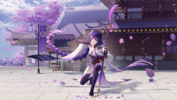  1girl absurdres architecture banner blood blood_on_face braid braided_ponytail breasts bridal_gauntlets building daidai_(318706698) day east_asian_architecture engulfing_lightning_(genshin_impact) full_body genshin_impact hair_ornament highres holding holding_polearm holding_weapon japanese_clothes kimono large_breasts long_hair looking_at_viewer mitsudomoe_(shape) obi obiage obijime on_one_knee outdoors petals polearm purple_eyes purple_hair purple_kimono purple_thighhighs raiden_shogun sandals sash solo thighhighs tomoe_(symbol) very_long_hair weapon wide_sleeves wiping_face 