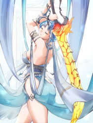  1girl alternate_costume armlet arms_up ass backless_dress backless_outfit bare_back bare_shoulders blue_dress blue_hair blutgang_(fire_emblem) clear_glass_(mildmild1311) closed_eyes cowboy_shot dancer dancer_(fire_emblem:_three_houses) dress earrings fire_emblem fire_emblem:_three_houses highres holding holding_sword holding_weapon jewelry marianne_von_edmund nintendo short_hair solo standing sword thighs weapon  rating:Sensitive score:7 user:danbooru