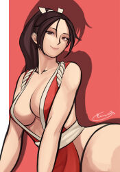  1girl arm_support artist_name bare_shoulders breasts brown_eyes brown_hair cleavage collarbone curvy fatal_fury hair_ornament high_ponytail highres large_breasts legs long_hair looking_at_viewer ninja no_bra no_panties ponytail seductive_gaze seductive_smile shiranui_mai sleeveless smile snk solo the_king_of_fighters thighs wide_hips 