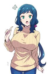  1girl batta_16-sei blue_hair blue_pants blush breasts commentary_request cowboy_shot denim green_eyes gundam gundam_build_fighters highres index_finger_raised iori_rinko jeans large_breasts long_hair long_sleeves looking_at_viewer low_ponytail mature_female open_mouth pants ribbed_sweater simple_background solo sweater turtleneck turtleneck_sweater white_background yellow_sweater 