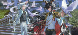  2boys animal_ears architecture arknights arm_up bird black_hair black_jacket black_pants black_shirt chinese_commentary commentary_request copyright_name cowboy_shot dove ebenholz_(arknights) epaulettes feet_out_of_frame goat_boy goat_ears goat_horns half-closed_eyes hand_up highres horns jacket jacket_on_shoulders kreide_(arknights) long_hair long_sleeves multiple_boys outdoors pants purple_eyes railing red_jacket shading_face shan_han_shi- shirt smile stairs two-sided_fabric two-sided_jacket very_long_hair weibo_watermark white_hair white_jacket white_pants white_shirt 