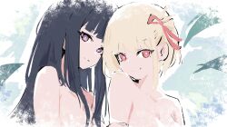  2girls absurdres artist_name bare_shoulders black_hair blonde_hair breasts cleavage closed_mouth collarbone commentary dated hair_ribbon highres inoue_takina long_hair looking_at_viewer lycoris_recoil medium_breasts multiple_girls nishikigi_chisato nude one_side_up purple_eyes red_eyes red_ribbon ribbon rnna short_hair sidelocks smile upper_body 