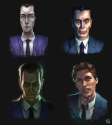  2boys absurdres alternate_form aqua_eyes artist_name black_necktie blue_suit brush_stroke collared_shirt dhabih_eng_(style) dress_shirt evil_smile formal g-man green_eyes hairline half-life half-life:_alyx half-life_(series) half-life_1 half-life_2 head_tilt highres jerma985 jerma985_(person) justsomenoob ken_birdwell_(style) looking_at_viewer low_poly male_focus multiple_boys multiple_persona multiple_style_parody multiple_views necktie official_style old old_man parody portrait purple_necktie real_life realistic shirt signature smile style_parody suit upper_body white_shirt wrinkled_skin 