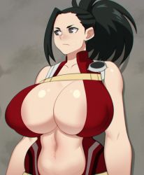 1girl areola_slip bare_shoulders black_eyes black_hair boku_no_hero_academia breasts cleavage collarbone foxicube grey_background highres huge_breasts large_areolae long_hair looking_to_the_side navel ponytail solo stomach sweat upper_body yaoyorozu_momo rating:Questionable score:61 user:JustHere4Butts