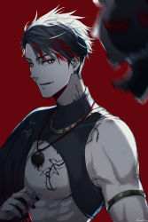 1boy absurdres armband black_hair black_nails earrings highres jewelry looking_at_viewer male_focus multicolored_hair necklace parted_lips pectorals potamikouu red_background red_pupils rpr scarz solo_focus tattoo two-tone_hair virtual_youtuber