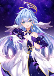  1girl absurdres aqua_eyes bare_shoulders chynia detached_sleeves dress earrings facial_mark gloves hair_between_eyes halo hand_on_own_chest head_wings highres honkai:_star_rail honkai_(series) jewelry long_hair looking_at_viewer open_mouth purple_dress reaching reaching_towards_viewer robin_(honkai:_star_rail) short_sleeves smile solo standing star_(symbol) starry_background teeth two-tone_dress upper_teeth_only white_dress white_gloves wings 