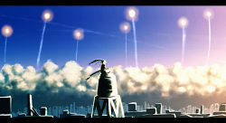 1girl city cloud commentary female_focus hinomaru_(kotoba) letterboxed missile onibi_(foxhound4185) original outdoors ponytail sketch sky solo sunset sword weapon rating:Sensitive score:10 user:danbooru