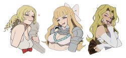  3girls absurdres armor biting_own_lip blonde_hair blue_eyes blue_eyeshadow blunt_bangs bow card catherine catherine_(game) charlotte_(fire_emblem) disembodied_limb dress drill_hair earrings eyeshadow fire_emblem fire_emblem_fates hair_bow hand_on_own_face heart highres holding holding_another&#039;s_arm holding_card hoop_earrings jewelry kujaku_mai long_sleeves looking_at_viewer makeup multiple_girls nintendo open_mouth parted_lips pauldrons pink_eyes pink_nails porqueloin red_ribbon ribbon shirt shoulder_armor simple_background teeth tongue tongue_out twin_drills upper_body white_background white_bow white_dress white_shirt yu-gi-oh! 