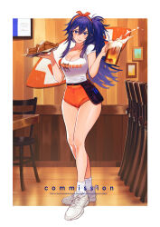  1girl alcohol alternate_costume bare_legs beer blue_eyes blue_hair breasts cleavage commission cup fire_emblem fire_emblem_awakening food full_body highres holding holding_cup holding_food holding_tray hooters legs long_hair looking_at_viewer lucina_(fire_emblem) medium_breasts navel nintendo orange_shorts ponytail restaurant short_shorts shorts socks solo standing sumustard tank_top tray white_socks white_tank_top 