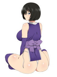  1girl ass back black_hair blue_eyes breasts fundoshi hair_over_one_eye highres huge_breasts japanese_clothes kagemusha looking_at_viewer looking_back original purple_thighhighs sitting smile solo thighhighs  rating:Questionable score:21 user:danbooru