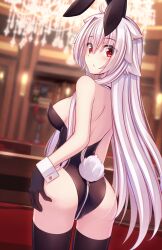 1girl :&lt; absurdres ahoge animal_ears ass bare_shoulders black_gloves black_hairband black_leotard black_thighhighs blurry blurry_background blush breasts closed_mouth commentary_request depth_of_field from_behind gloves grey_hair hair_between_eyes hair_flaps hairband hand_on_own_ass highres indoors leotard long_hair looking_at_viewer looking_back medium_breasts murasame_shia original playboy_bunny rabbit_ears rabbit_tail red_eyes solo strapless strapless_leotard tail thighhighs very_long_hair zipper zipper_pull_tab