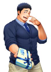  04sora40 1boy ^_^ absurdres adam&#039;s_apple bara box bulge closed_eyes collared_shirt cowboy_shot facial_hair finger_to_cheek gift gift_box goatee_stubble highres incoming_gift large_pectorals looking_at_viewer male_focus muscular muscular_male necktie one_eye_closed original pants pectorals rubbing_nose sanpaku shirt shy sideburns_stubble sleeves_rolled_up solo spiked_hair standing stubble thick_eyebrows 
