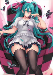 1girl aqua_eyes aqua_hair black_thighhighs blush bracelet bug butterfly candy chair commentary food frown hair_between_eyes hatsune_miku highres insect inue_ao jewelry long_hair nail_polish pink_background resolution_mismatch shirt sitting skirt solo source_smaller thighhighs twintails very_long_hair vocaloid white_shirt white_skirt world_is_mine_(vocaloid) rating:Sensitive score:26 user:danbooru