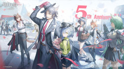  6+boys 6+girls :d ahoge animal_ears anniversary arknights arm_up artist_name bag beanstalk_(arknights) black_jacket black_pants black_ribbon black_shorts black_skirt blonde_hair blue_eyes blue_hair blue_shirt bouquet breasts brown_eyes brown_footwear brown_hair buttons cardigan cat_boy cat_ears cat_girl charm_(object) chinese_commentary closed_eyes collared_shirt commentary_request copyright_name crosswalk delphine_(arknights) dog_boy elysium_(arknights) facial_hair facing_viewer flower gloves green_eyes green_shirt grey_cardigan grey_hair hand_up handbag hands_in_pockets hands_on_own_hips harmonie_(arknights) harold_(arknights) hat highres holding holding_bag holding_bouquet holding_clothes holding_hat holding_jacket holding_skateboard hyena_ears hyena_girl irene_(arknights) jacket kang_yiqian_(self_cultivation) lapel_pin leash loafers long_sleeves looking_at_another looking_at_viewer lumen_(arknights) multiple_boys multiple_girls mustache neck_ribbon necktie official_alternate_costume official_art old old_man open_mouth pants peacake_(arknights) peaked_cap pleated_skirt purple_hair red_necktie ribbon rockrock_(arknights) school_uniform shirt shoes shorts shoulder_bag skateboard skirt smile socks stainless_(arknights) tequila_(arknights) trilby_asher_(arknights) vendela_(arknights) walking waving white_shirt white_socks yellow_eyes yellow_gloves 