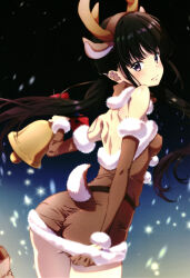  1girl animal_costume antlers ass bell blush breasts brown_dress christmas closed_mouth deer_tail dress fake_antlers fake_tail holding holding_bell inoue_takina izumi_mahiru looking_at_viewer looking_back lycoris_recoil microskirt reindeer_antlers reindeer_costume shoulder_blades simple_background skirt small_breasts solo tail 