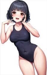  1girl :d bang_dream! bare_arms bare_shoulders black_hair black_one-piece_swimsuit blunt_bangs blush breasts brown_eyes collarbone commentary covered_navel cowboy_shot gluteal_fold groin hand_on_own_cheek hand_on_own_face hands_up highleg highleg_swimsuit lambda_(kusowarota) looking_at_viewer medium_breasts one-piece_swimsuit open_mouth school_swimsuit short_hair simple_background smile solo swimsuit ushigome_rimi white_background 