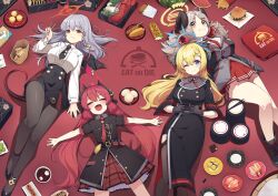  4girls :d :t akari_(blue_archive) black_dress black_footwear black_gloves black_jacket black_necktie black_pantyhose black_skirt blonde_hair blue_archive blue_eyes breasts burger chopsticks closed_eyes closed_mouth collared_shirt curled_horns ddangbi dress food food_on_face french_fries garter_straps gloves grey_hair halo haruna_(blue_archive) highres holding holding_chopsticks horns hot_dog izumi_(blue_archive) jacket junko_(blue_archive) large_breasts lobster long_hair long_sleeves lying multiple_girls neck_ribbon necktie on_back open_mouth pantyhose red_eyes red_hair red_necktie ribbon shirt short_sleeves skirt smile tail taiyaki twintails very_long_hair wagashi white_shirt wings yellow_eyes 