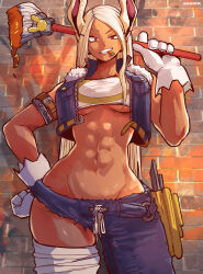  1girl abs alternate_costume animal_ears aosora2823 arm_belt armlet artist_name asymmetrical_clothes bandeau boku_no_hero_academia breasts brick_wall carrot crescent_print cropped_vest dark-skinned_female dark_skin denim denim_vest food_in_mouth fur-trimmed_vest fur_trim gloves hand_on_own_hip hand_up highres holding holding_brush holding_paintbrush large_breasts long_eyelashes long_hair looking_at_viewer mirko navel o-ring paintbrush parted_bangs pouch rabbit_ears rabbit_girl red_eyes single_pantsleg smile solo stomach teeth thigh_strap toned_female underboob uneven_eyes very_long_hair vest white_bandeau white_gloves white_hair 