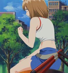  00s 1girl anime_screenshot belt bracelet brown_eyes brown_hair dual_wielding elie from_behind from_side hand_on_own_knee holding jewelry miniskirt pencil_skirt rave screencap short_hair side_slit sitting skirt solo stitched tank_top thighs third-party_edit tonfa weapon 