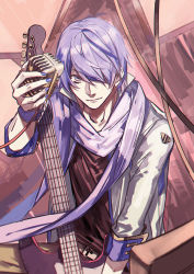  1boy blue_eyes blue_hair blue_nails coat electric_guitar guitar hair_over_one_eye instrument kaito_(vocaloid) male_focus matching_hair/eyes nail_polish open_clothes open_coat scarf smile solo swept_bangs vocaloid witchonly wristband 