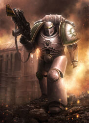  1boy adeptus_astartes alternate_costume armor armored_boots bayonet bolter boots burning celeng commentary commission death_guard english_commentary fire gun hazard_stripes highres holding holding_gun holding_weapon looking_at_viewer male_focus outdoors pauldrons science_fiction shoulder_armor skull solo space_marine standing warhammer_40k weapon 