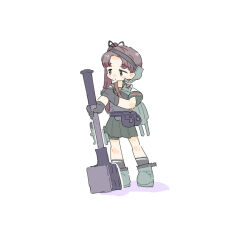  1girl armor ayanami_(kancolle) belt_pouch bike_shorts black_gloves black_sailor_collar black_socks blush_stickers boots breastplate brown_eyes brown_hair closed_mouth curtained_hair forehead full_body gloves green_footwear green_skirt hammer hand_on_own_arm headset holding holding_hammer jibakurei_(elite_unchi) kantai_collection long_hair looking_to_the_side planted pleated_skirt pouch sailor_collar school_uniform serafuku shirt short_sleeves shoulder_strap side_ponytail simple_background skirt socks solo standing war_hammer weapon white_background white_shirt 