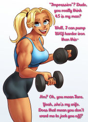  1girl absurdres beverly_(nortuet) blonde_hair blue_eyes breasts caption cheating_(relationship) cleavage dark-skinned_female dark_skin dumbbell english_text exercising gym_uniform highres implied_cheating_(relationship) lipstick looking_at_viewer makeup medium_breasts muscular muscular_female non-web_source nortuet open_mouth original ponytail simple_background smile solo tan tank_top teeth third-party_edit tomboy upper_teeth_only weightlifting  rating:Sensitive score:13 user:danbooru