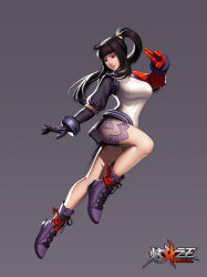  1girl bare_legs black_hair boots breasts cross-laced_footwear fighting_stance gloves grey_background lace-up_boots large_breasts long_hair official_art ponytail red_eyes ruriy shirt shorts sidelocks solo taut_clothes taut_shirt tencent_qq xuan_dou_zhi_wang 
