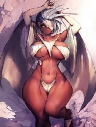 1girl arms_up bikini breasts cape curvy dark-skinned_female dark_skin elbow_gloves fumio_(rsqkr) gloves highres large_breasts looking_at_viewer narrow_waist navel one_eye_covered original pointy_ears short_hair silver_hair skindentation solo spiked_hair swimsuit thick_thighs thighs white_bikini white_footwear white_gloves wide_hips wings yellow_eyes rating:Sensitive score:54 user:danbooru
