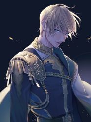  1boy amg_(nwmnmllf) armor bad_id bad_pixiv_id belt blonde_hair blue_eyes cape closed_mouth commentary_request long_sleeves looking_at_viewer male_focus military military_uniform original signature solo sparks standing uniform upper_body  rating:Sensitive score:4 user:danbooru