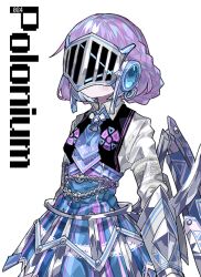  1girl black_vest blue_necktie blue_skirt blue_wings blush braid braided_bun chain_belt collared_shirt covered_eyes cowboy_shot double_bun english_text expressionless hair_bun headphones helm helmet high-waist_skirt island729 lace low_wings mechanical_wings necktie original personification print_necktie purple_hair science_fiction shirt skirt solo standing striped_clothes striped_skirt two-tone_wings vertical-striped_clothes vertical-striped_skirt vest white_background white_shirt white_wings wings 