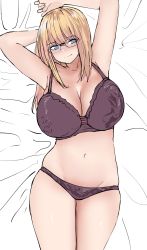 1girl absurdres arms_behind_head bed_sheet blonde_hair blue_eyes bra breasts cleavage cowboy_shot facing_viewer from_above glasses highres inne_sulistya_robin large_breasts legs_together long_hair looking_at_viewer lying navel norman_maggot on_back original panties skindentation solo teacher underwear underwear_only rating:Questionable score:21 user:surveyork