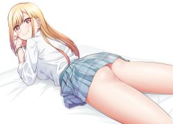 1girl ass back bed_sheet blonde_hair blue_skirt blush bracelet breasts cowboy_shot dress_shirt ear_piercing earrings elbow_rest fingernails from_behind gradient_hair hair_behind_ear hands_up highres hoop_earrings jewelry kitagawa_marin long_hair long_sleeves looking_at_viewer looking_back lying mibushiro microskirt multicolored_hair nail_polish on_stomach own_hands_together parted_bangs pearl_bracelet piercing pink_nails plaid plaid_skirt pleated_skirt red_eyes school_uniform shiny_skin shirt sidelocks skirt smile solo sono_bisque_doll_wa_koi_wo_suru stud_earrings thighs white_shirt wristband rating:Sensitive score:120 user:danbooru