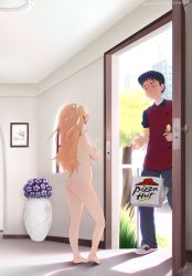  1boy 1girl barefoot blonde_hair bow copyright_request crossed_arms delivery exhibitionism feet food hair_ribbon highres idfer jpeg_artifacts loli long_hair nude orange_hair petite pizza pizza_delivery pizza_hut product_placement public_indecency ribbon two_side_up  rating:Questionable score:384 user:bluethree