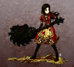  1girl alice:_madness_returns alice_(alice_in_wonderland) alice_in_wonderland alice_liddell_(american_mcgee&#039;s_alice) american_mcgee&#039;s_alice bad_id bad_pixiv_id blood boots brown_hair dress green_eyes hobby_horse j-e-m-g long_hair solo weapon  rating:Sensitive score:27 user:danbooru