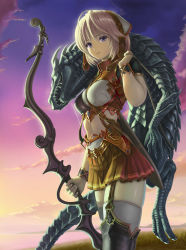 1girl ahoge bow_(weapon) cloud dragon from_side harness hat highres kanzeon looking_at_viewer midriff original outdoors pleated_skirt purple_eyes short_hair silver_hair skirt sky solo thighhighs weapon white_thighhighs rating:Sensitive score:13 user:danbooru