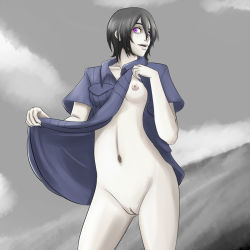 10s acperience black_hair bleach blue_dress breasts clothes_lift dress dress_lift kuchiki_rukia nude open_mouth purple_eyes pussy short_hair sky smile uncensored  rating:Explicit score:16 user:HentaiLover147