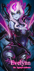  1girl blue_skin breasts character_name claws cleavage clothing_cutout colored_skin darkness evelynn_(league_of_legends) facial_mark fiery_hair hair_over_breasts heart_cutout hella_p highres large_breasts league_of_legends looking_down multicolored_hair sidelocks slit_pupils smile solo tentacles white_hair yellow_eyes  rating:Sensitive score:29 user:xillusionsz