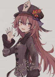  1girl :d breasts bright_pupils brown_shirt chinese_clothes chinese_commentary commentary_request cropped_torso flower from_side genshin_impact hat hat_flower hat_tassel hu_tao_(genshin_impact) jewelry lass_(3344) long_hair looking_at_viewer multiple_rings no_nose open_mouth plum_blossoms porkpie_hat ring shirt simple_background single_sleeve_past_fingers small_breasts smile solo thumb_ring waving white_background white_pupils wide_sleeves 