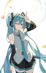  1girl ;d absurdres aqua_hair arm_up bare_shoulders black_skirt black_thighhighs collared_shirt detached_sleeves dot_nose double-parted_bangs floating_hair frilled_shirt frills grey_shirt hair_between_eyes hair_intakes hair_ornament hatsune_miku headphones heart highres light_blush long_hair looking_at_viewer one_eye_closed open_mouth pleated_skirt shirt sidelocks simple_background skirt sleeveless sleeveless_shirt smile sunlight teeth thighhighs twintails v very_long_hair vocaloid white_background wide_sleeves wudongyouyi 