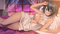 1girl arm_up backless_outfit black_hair blue_eyes breasts brown_sweater bucchake_(asami) cleavage_cutout closed_mouth clothing_cutout commission curtains day hair_between_eyes kaori_(sky-freedom) large_breasts looking_at_viewer lying meme_attire night no_pants on_bed on_side philia_(sao) purple_sky skeb_commission sky sleeveless sleeveless_sweater smile solo sweater sword_art_online thigh_gap turtleneck turtleneck_sweater virgin_killer_sweater window 