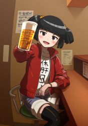  1girl alcohol bar_(place) beer beer_mug black_hair black_thighhighs blue_shorts blunt_bangs blurry blurry_background blush brown_eyes cup denim denim_shorts feet_out_of_frame froth hand_up highres holding holding_cup indie_virtual_youtuber indoors inverted_watch jacket long_sleeves looking_at_viewer magari_(c0rn3r) mug open_clothes open_jacket open_mouth print_shirt red_jacket refraction shirt short_hair short_twintails shorts smile solo t-shirt takajin-chan thighhighs track_jacket translation_request twintails virtual_youtuber watch wristwatch 