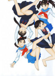  4girls barefoot black_hair brown_eyes child feet foot_on_head from_above glasses lying multiple_girls school_uniform siblings simple_background sisterism sisters toes yoshitomi_akihito  rating:Sensitive score:16 user:Solarius_Scorch
