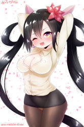 1girl ;d ariane_cevaille_(silo9) arms_up black_hair blush born-to-die breasts cleavage covered_erect_nipples earrings flower hair_flower hair_ornament hair_ribbon highres image_sample jewelry long_hair long_sleeves looking_at_viewer one_eye_closed open_clothes open_mouth open_shirt pantyhose pencil_skirt ribbon shirt skirt smile solo wink rating:Questionable score:46 user:malprac