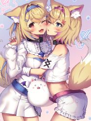  2girls ;d animal_ear_fluff animal_ears belt black_collar blonde_hair blue_belt blue_eyes blue_hair blue_hairband blue_nails breasts chain cheek-to-cheek cleavage collar commentary crop_top dog_ears dog_girl dog_tail fake_horns fang frilled_shorts frills fuwawa_abyssgard gradient_hair hair_ornament hairband hairclip hand_on_another&#039;s_back hand_up heads_together highres hololive hololive_english horns hug long_hair long_sleeves medium_breasts midriff mixed-language_commentary mococo_abyssgard multicolored_hair multiple_girls nail_polish off_shoulder one_eye_closed open_mouth parted_lips perroccino_(fuwamoco) pink_belt pink_hair pink_hairband pleated_skirt puffy_long_sleeves puffy_sleeves red_eyes ryuinu shirt short_shorts shorts siblings sisters skirt smile streaked_hair tail twins very_long_hair virtual_youtuber white_shirt white_shorts white_skirt x_hair_ornament 
