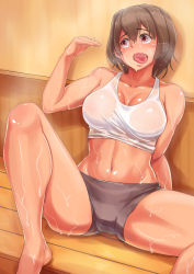 10s 1girl bifidus breasts brown_eyes brown_hair cleavage covered_erect_nipples hair_down heavy_breathing ise_(kancolle) kantai_collection large_breasts midriff muscular navel open_mouth sauna see-through short_hair shorts sitting solo spread_legs suggestive_fluid sweat tank_top tongue rating:Questionable score:36 user:danbooru