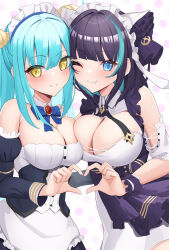 2girls azur_lane black_hair black_sleeves blue_bow blue_eyes blue_hair blunt_bangs blush bow breast_press breasts brooch cheek-to-cheek cheshire_(azur_lane) cleavage closed_mouth commission detached_collar detached_sleeves dot_nose dress fang hair_intakes heads_together heart heart_hands heart_hands_duo highres humo jewelry large_breasts long_hair looking_at_viewer medium_hair multicolored_hair multiple_girls neptune_(azur_lane) one_eye_closed pixiv_commission polka_dot polka_dot_background purple_dress purple_wrist_cuffs shell_hair_ornament shiny_skin short_dress simple_background smile streaked_hair symmetrical_docking twintails two-tone_hair white_sleeves yellow_eyes 
