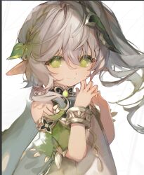  1girl bare_shoulders blush braid cape cross-shaped_pupils curly_hair detached_sleeves dress eyelashes fingernails gem genshin_impact green_eyes green_gemstone green_sleeves hair_between_eyes hair_intakes hair_ornament high_side_ponytail leaf leaf_hair_ornament light_blush long_hair looking_at_viewer nag_nag_naji nahida_(genshin_impact) own_hands_clasped own_hands_together pointy_ears side_braid side_ponytail sidelocks simple_background smile solo steepled_fingers symbol-shaped_pupils white_background white_dress white_hair 