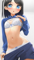  1girl :o apollo_(hu_maple) black_hair blue_eyes blue_shirt blue_shorts blush bow bow_bra bow_panties bra breasts clothes_pull commentary_request groin hand_up highres long_sleeves looking_at_viewer navel one_side_up original panties parted_lips shirt short_shorts shorts shorts_pull small_breasts solo swept_bangs underwear white_bra white_panties  rating:Sensitive score:51 user:danbooru
